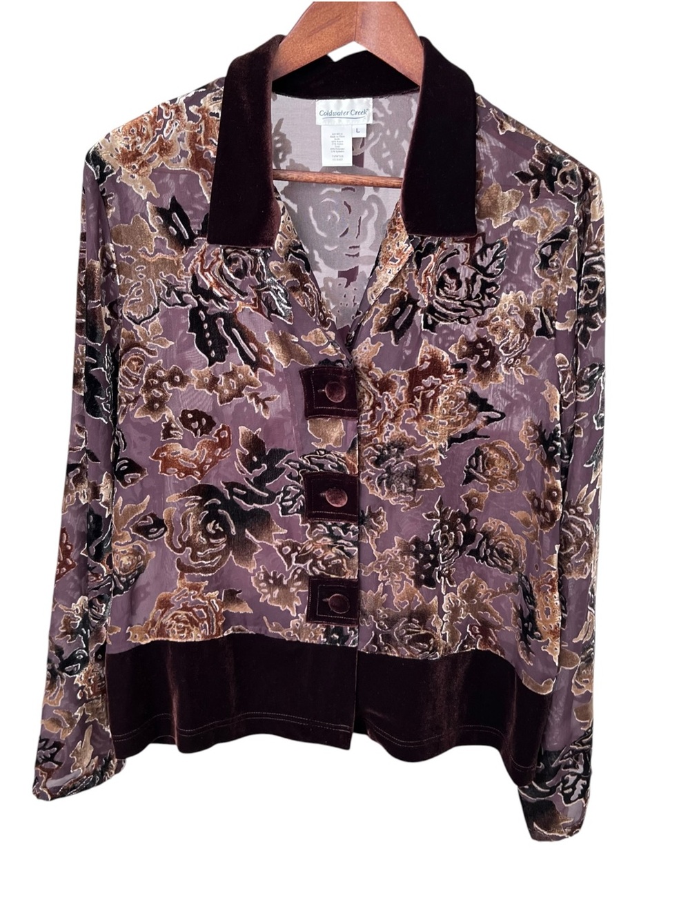 Coldwater Creek Sheer Brown Burnout Velvet Jacket Blouse Size Large